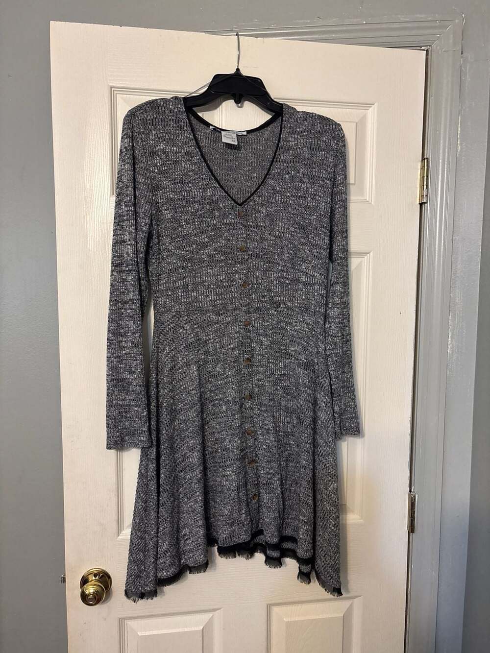 American Rag Cie Grey Marl Knit Button-Front Dress with Fringed Hem Size XL